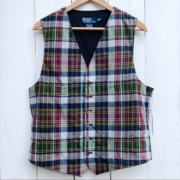 NWT Polo by Ralph Lauren Men’s Madras Plaid Vest Medium - Picture 2 of 9